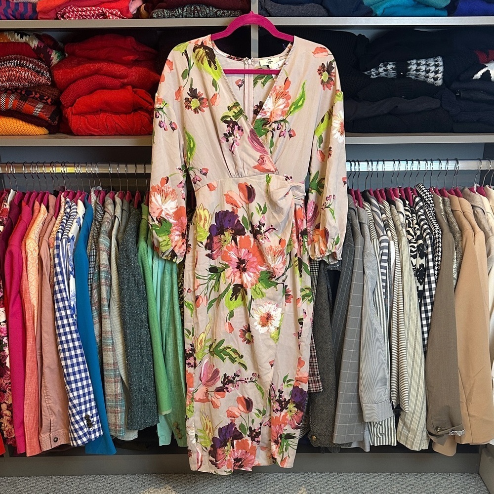 Entro purple/pink floral long sleeve v neck back zipper midi dress size S NWT